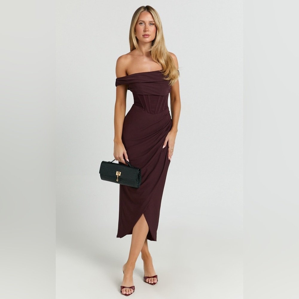 Showpo Off-Shoulder Plum Draped Corset Midi Dress